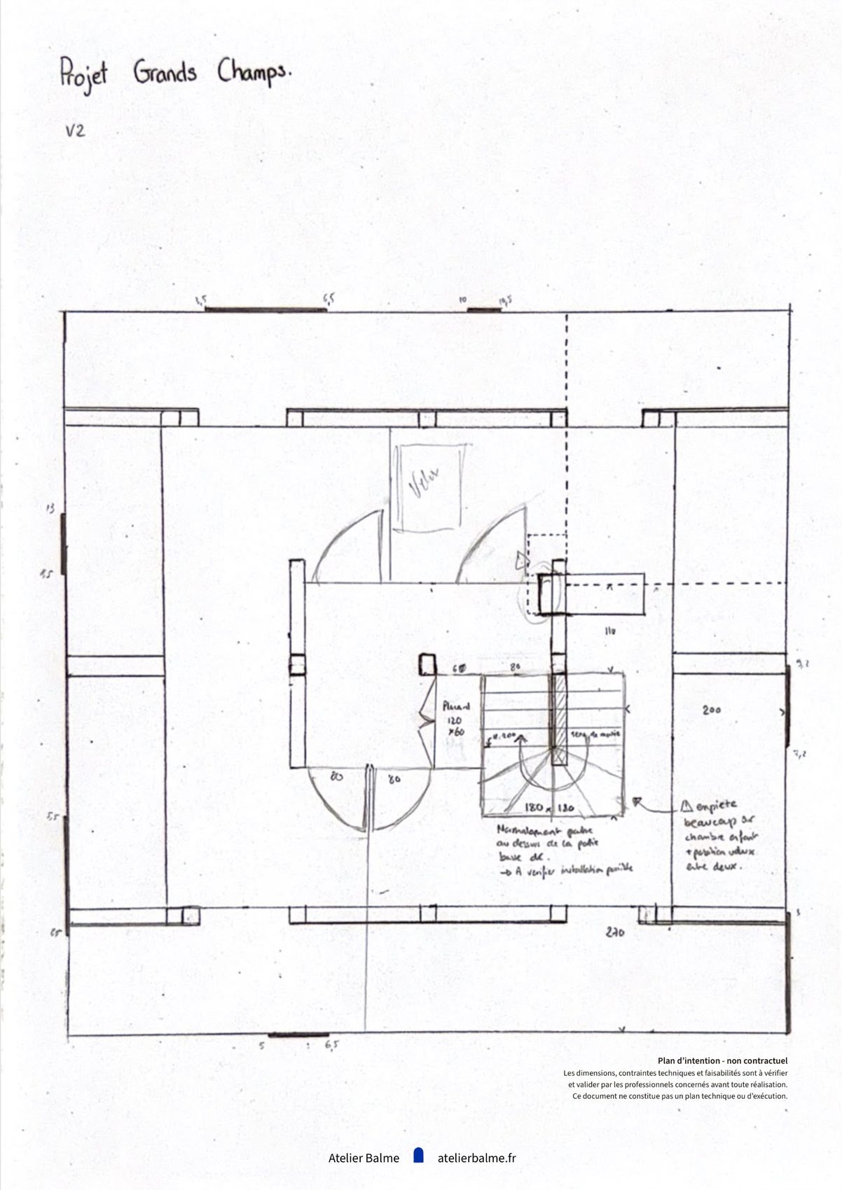 Plan des combles, version 2 d'implantation de l'escalier d'une maison à Eybens