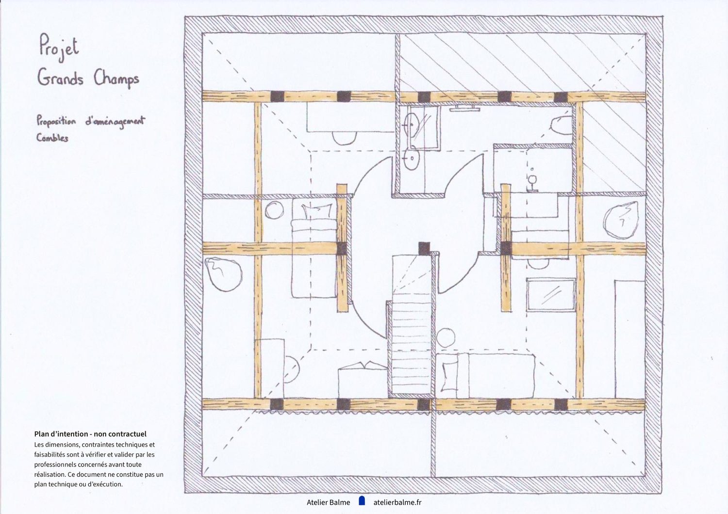 Plan en couleur des combles avec poutres apparentes à Eybens