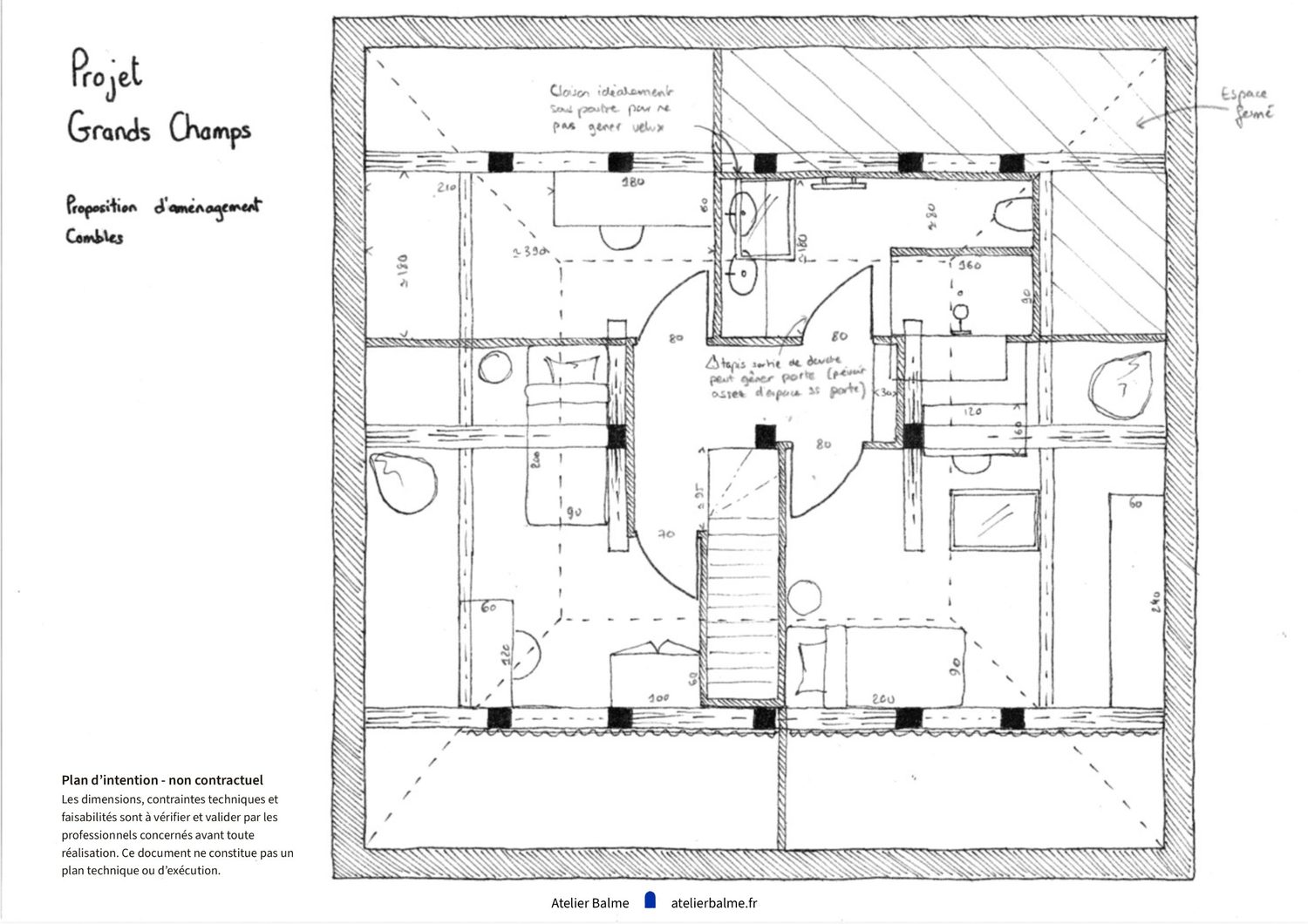 Plan détaillé des combles aménagés d'une maison à Eybens