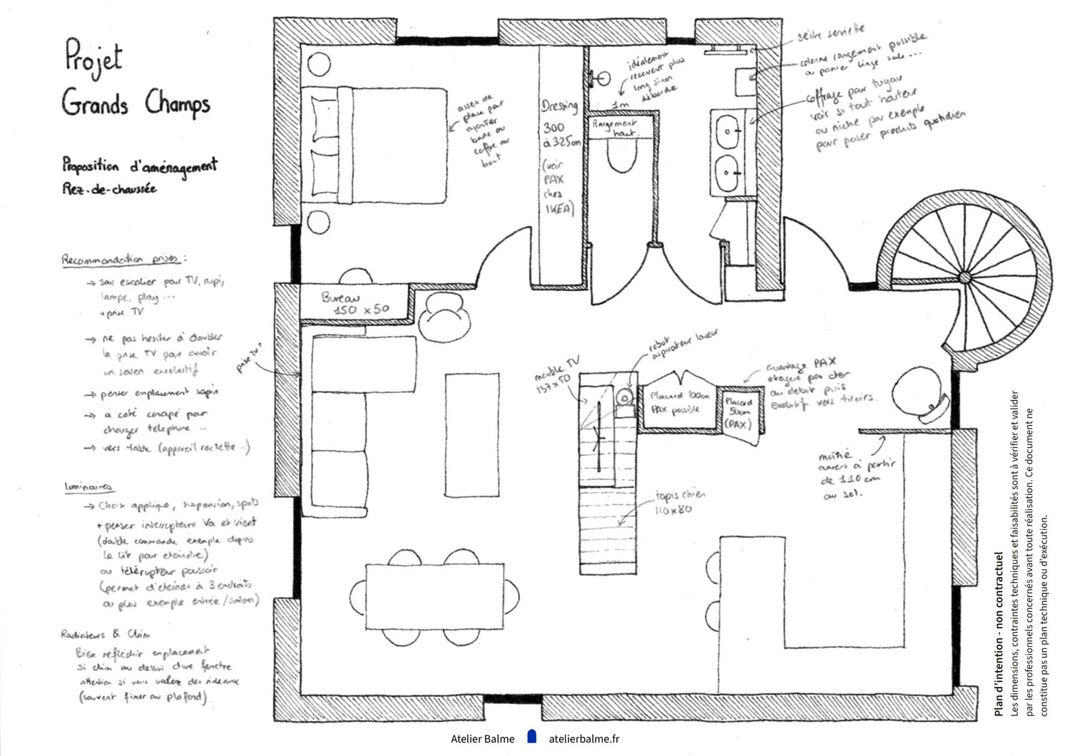 Plan du rez-de-chaussée d'une maison avec recommandations d'aménagement à Eybens