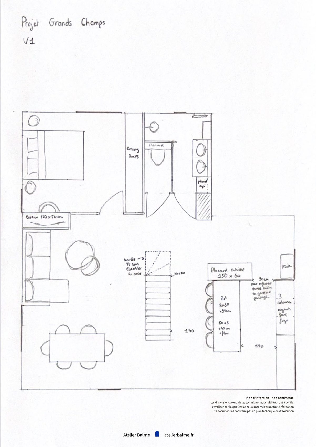 Plan du rez-de-chaussée, version 1 d'implantation de l'escalier d'une maison à Eybens