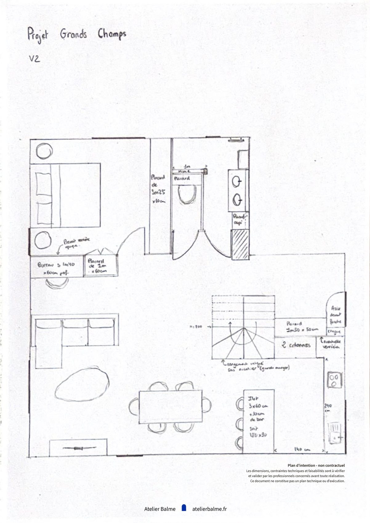 Plan du rez-de-chaussée, version 2 d'implantation de l'escalier d'une maison à Eybens