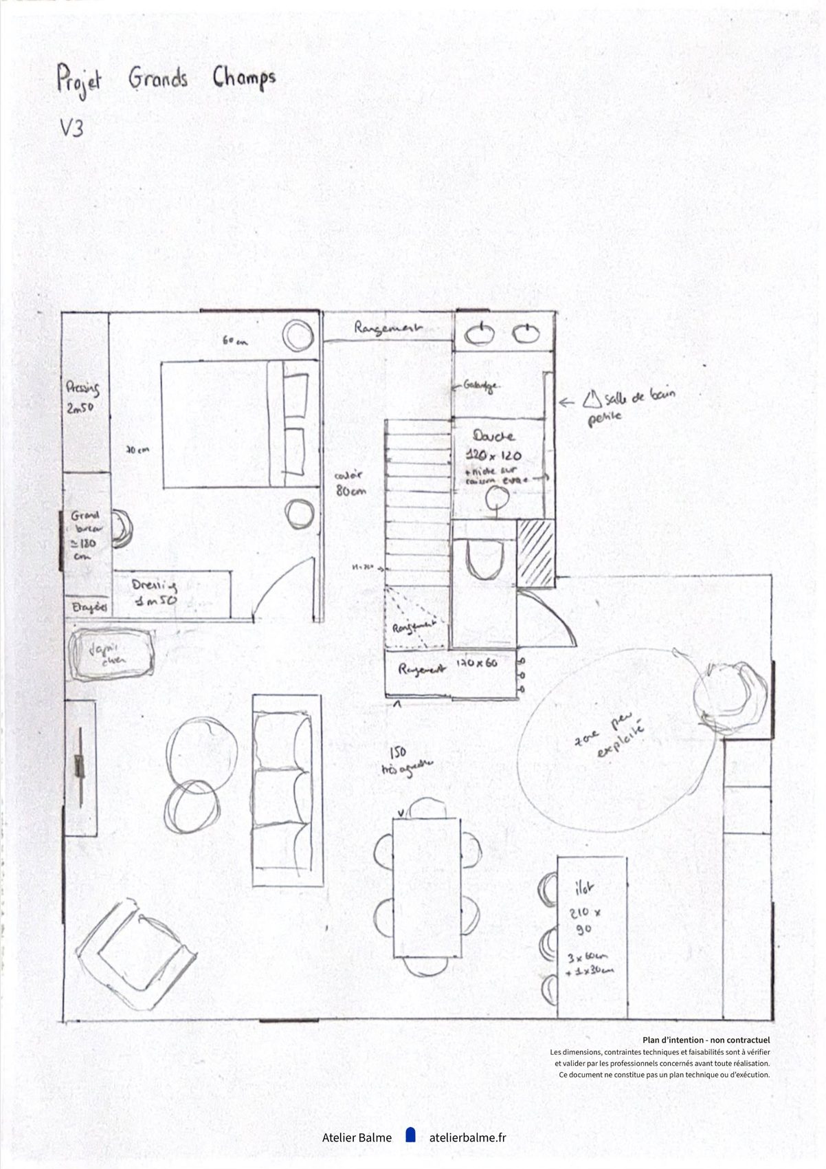 Plan du rez-de-chaussée, version 3 d'implantation de l'escalier d'une maison à Eybens