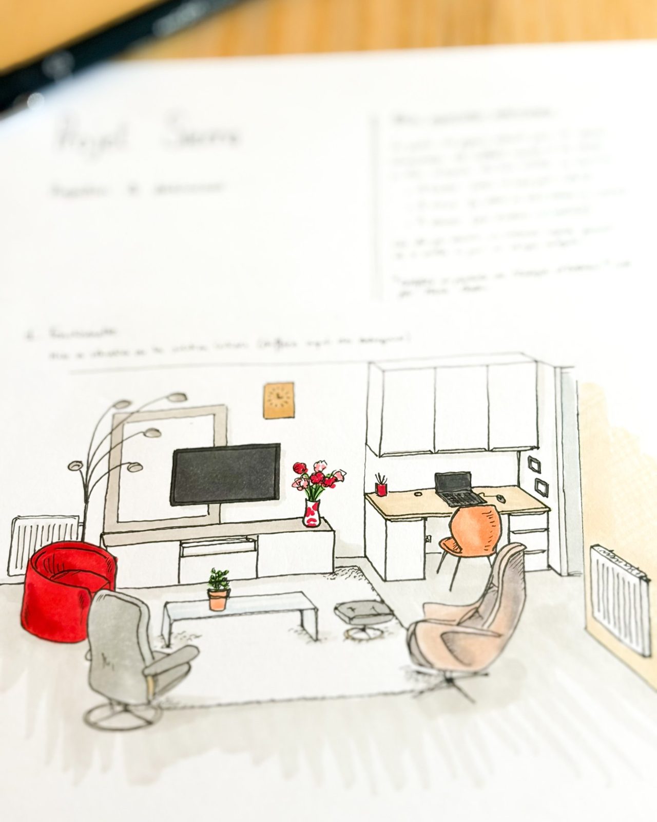Projection dessinée d'un bureau intégré à une pièce de vie à Saint-Martin-d'Uriage