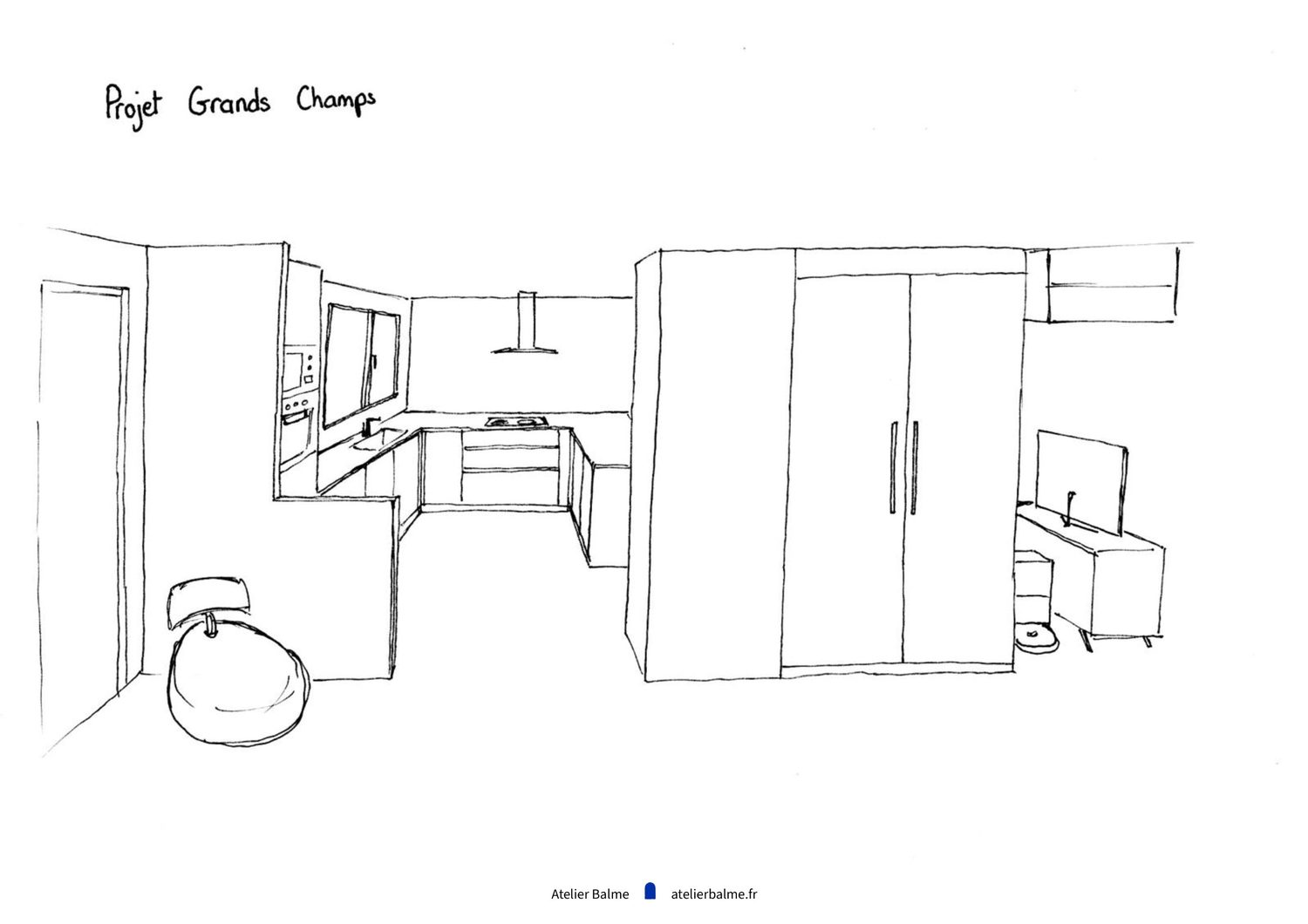 Projection dessinée d'une cuisine ouverte sur la pièce de vie à Eybens