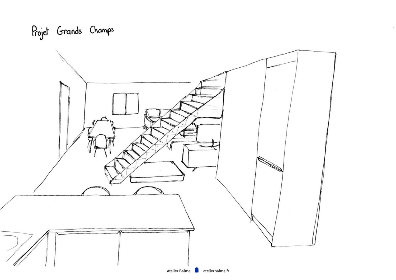 Projection dessinée d'un escalier dans une pièce de vie à Eybens