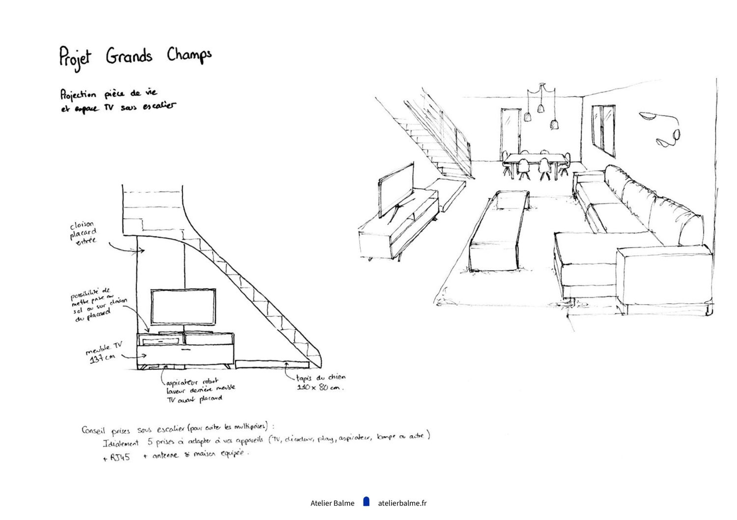 Projection dessinée d'un espace télévision sous un escalier à Eybens