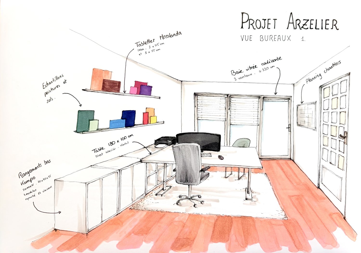 Croquis d'ambiance du Projet Arzelier, espace bureau, proposition 2