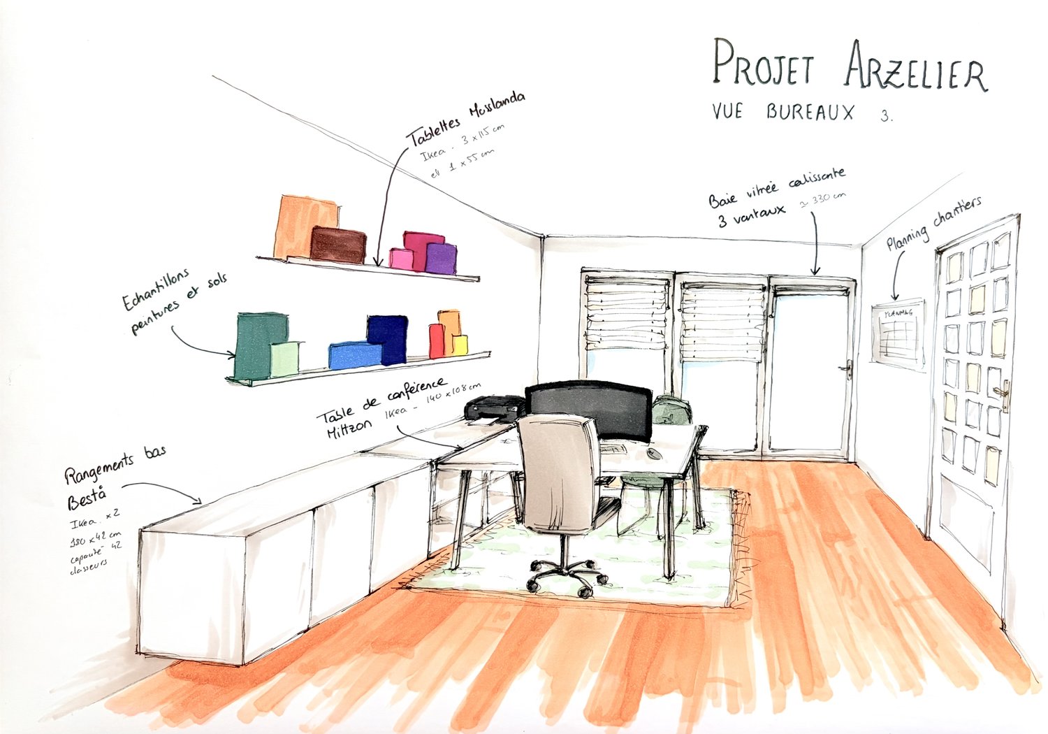 Croquis d'ambiance du Projet Arzelier, espace bureau, proposition 3