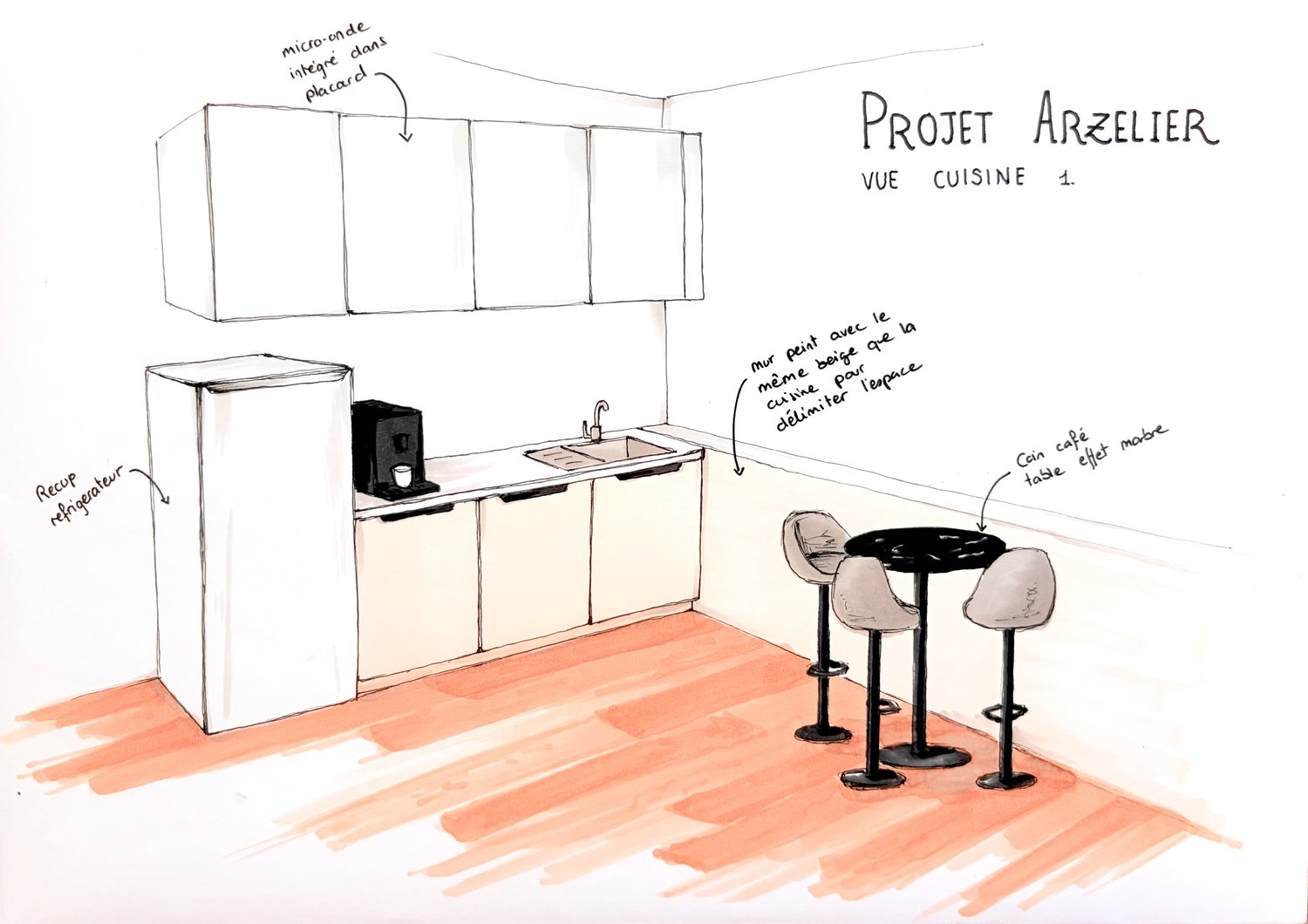 Croquis d'ambiance du Projet Arzelier, espace cuisine, proposition 1