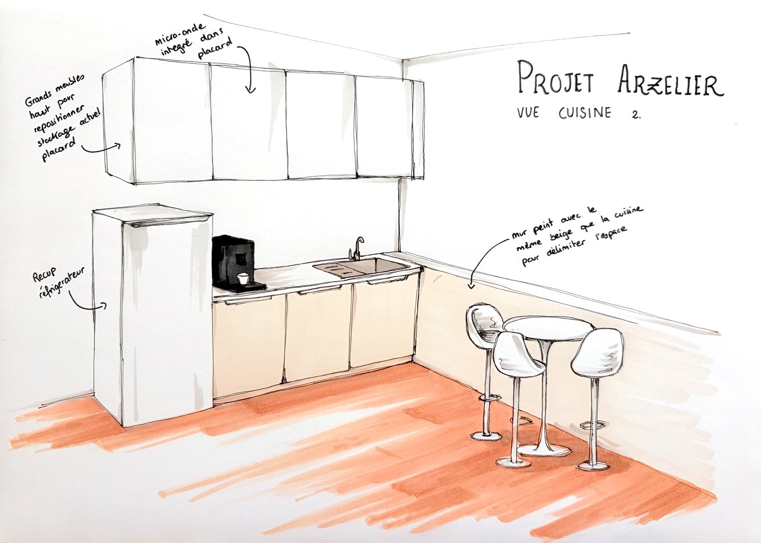 Croquis d'ambiance du Projet Arzelier, espace cuisine, proposition 2