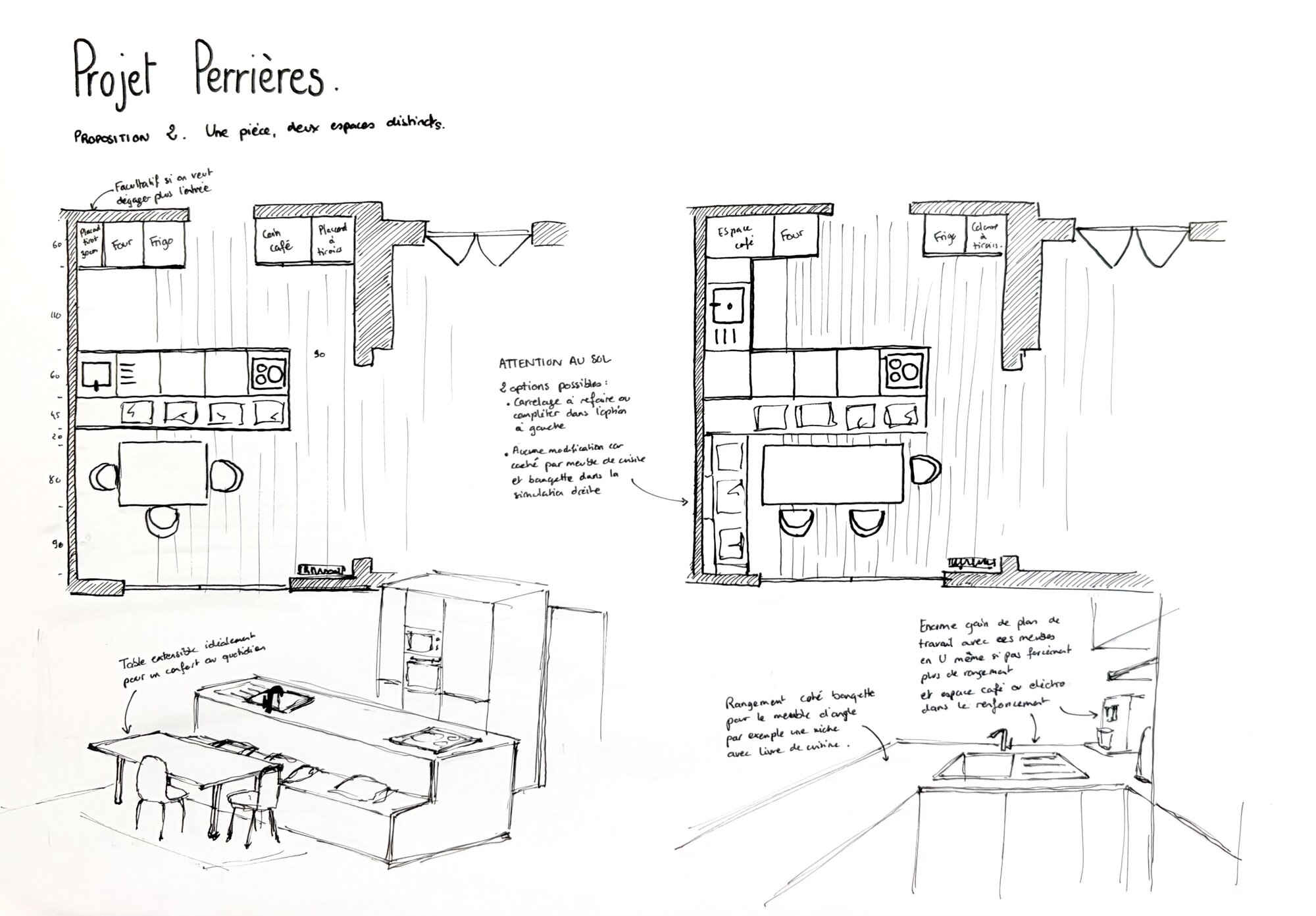 Croquis d'aménagement du Projet Perrières, proposition 2 : une pièce, deux espaces distincts