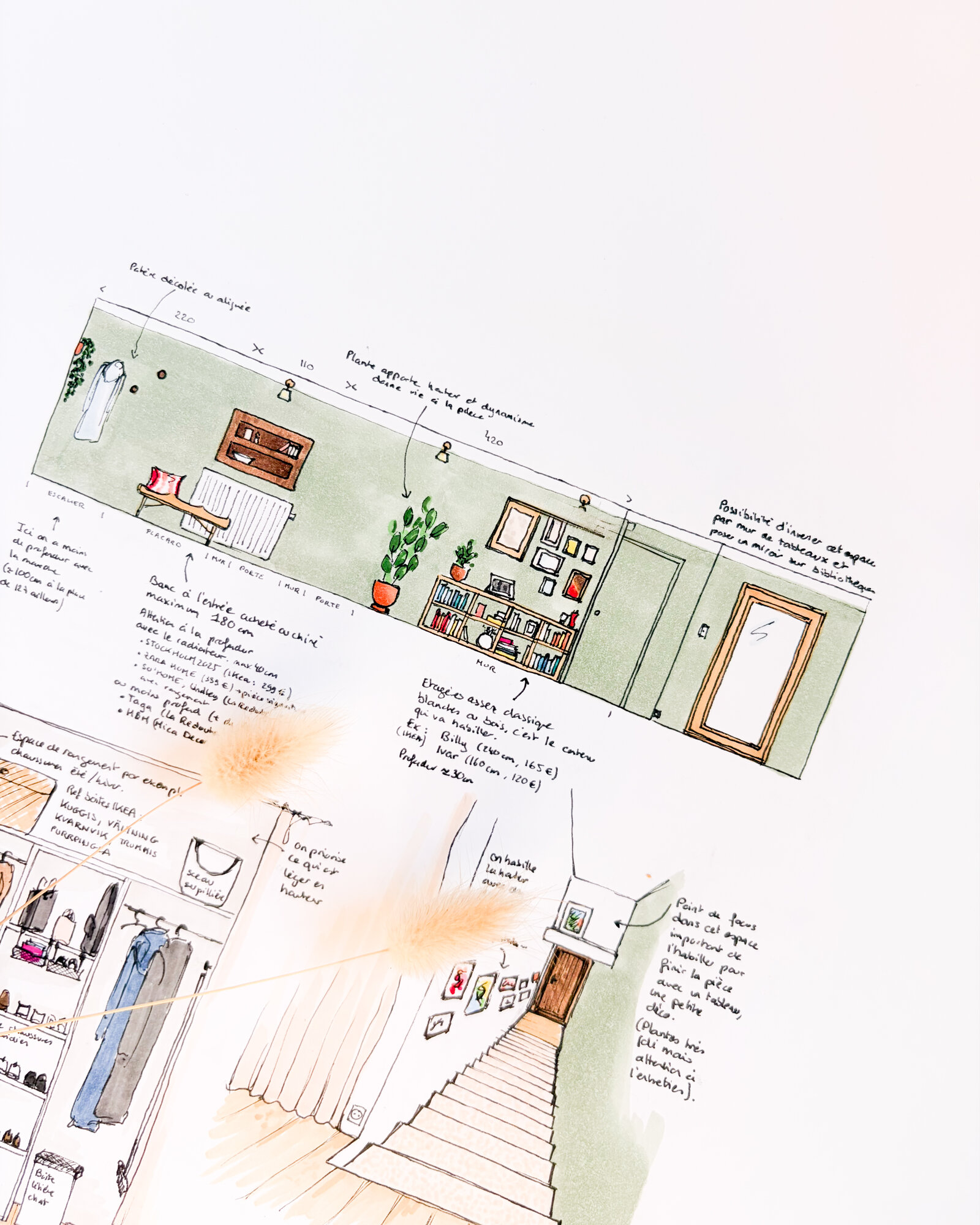 Projet Thelma : croquis d'aménagement d'un couloir sous combles